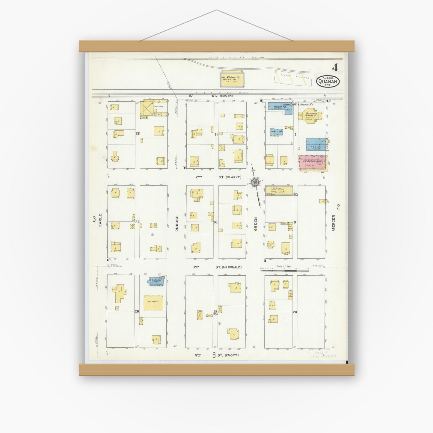 Old map wall art mockup — magnetic wood frame on white wall — Sanborn Fire Insurance Map from Quanah, Hardeman County, Texas (1915), Sheet #0004