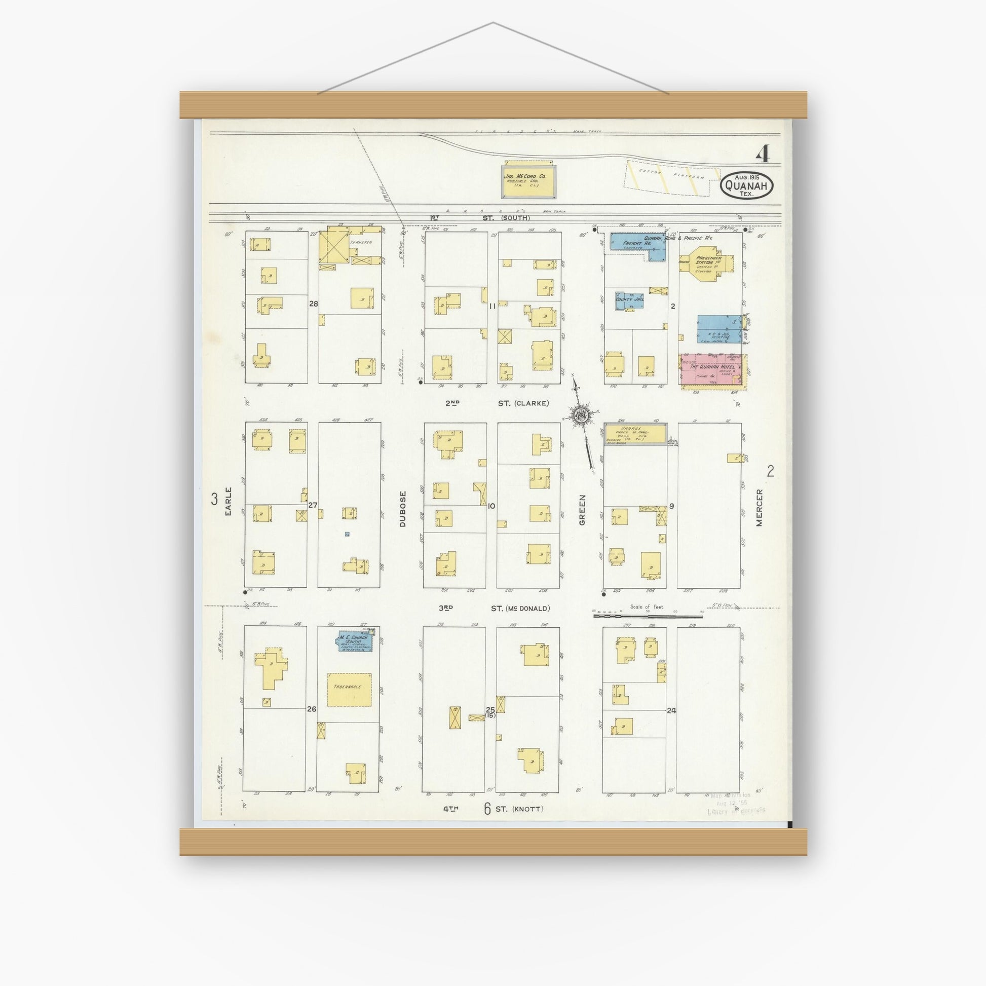 Old map wall art mockup — magnetic wood frame on white wall — Sanborn Fire Insurance Map from Quanah, Hardeman County, Texas (1915), Sheet #0004