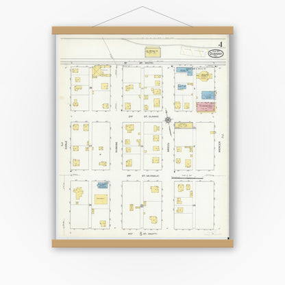 Old map wall art mockup — magnetic wood frame on white wall — Sanborn Fire Insurance Map from Quanah, Hardeman County, Texas (1915), Sheet #0004