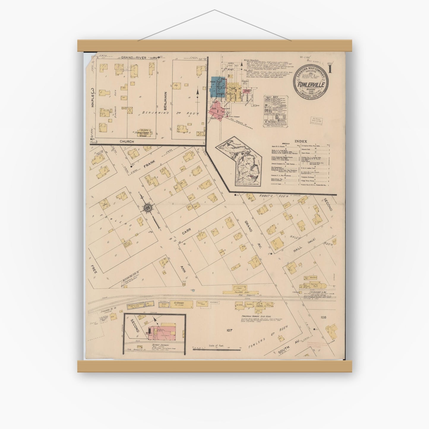 Old map wall art mockup — magnetic wood frame on white wall — Sanborn Fire Insurance Map from Fowlerville, Livingston County, Michigan (1922), Sheet #0001