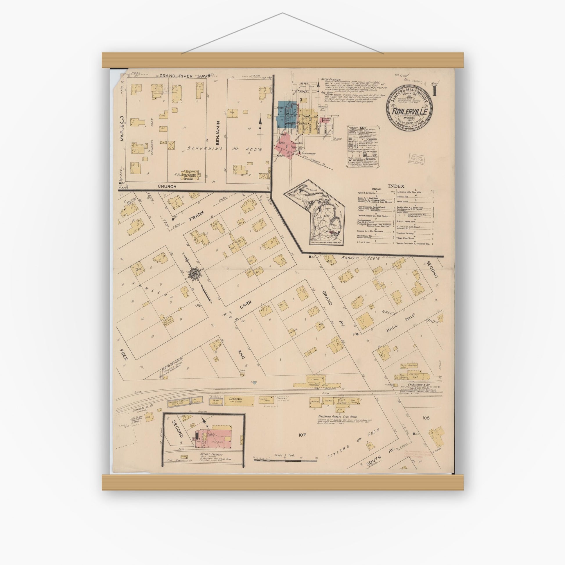 Old map wall art mockup — magnetic wood frame on white wall — Sanborn Fire Insurance Map from Fowlerville, Livingston County, Michigan (1922), Sheet #0001