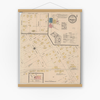 Old map wall art mockup — magnetic wood frame on white wall — Sanborn Fire Insurance Map from Fowlerville, Livingston County, Michigan (1922), Sheet #0001