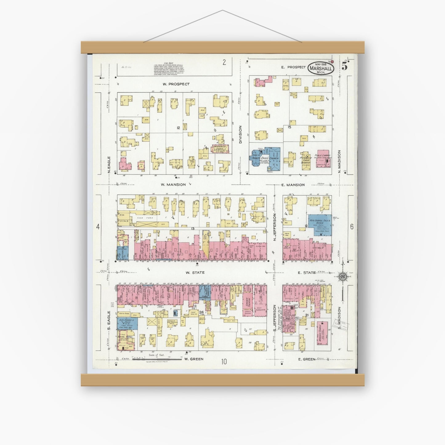 Old map wall art mockup — magnetic wood frame on white wall — Sanborn Fire Insurance Map from Marshall, Calhoun County, Michigan (1916), Sheet #0005