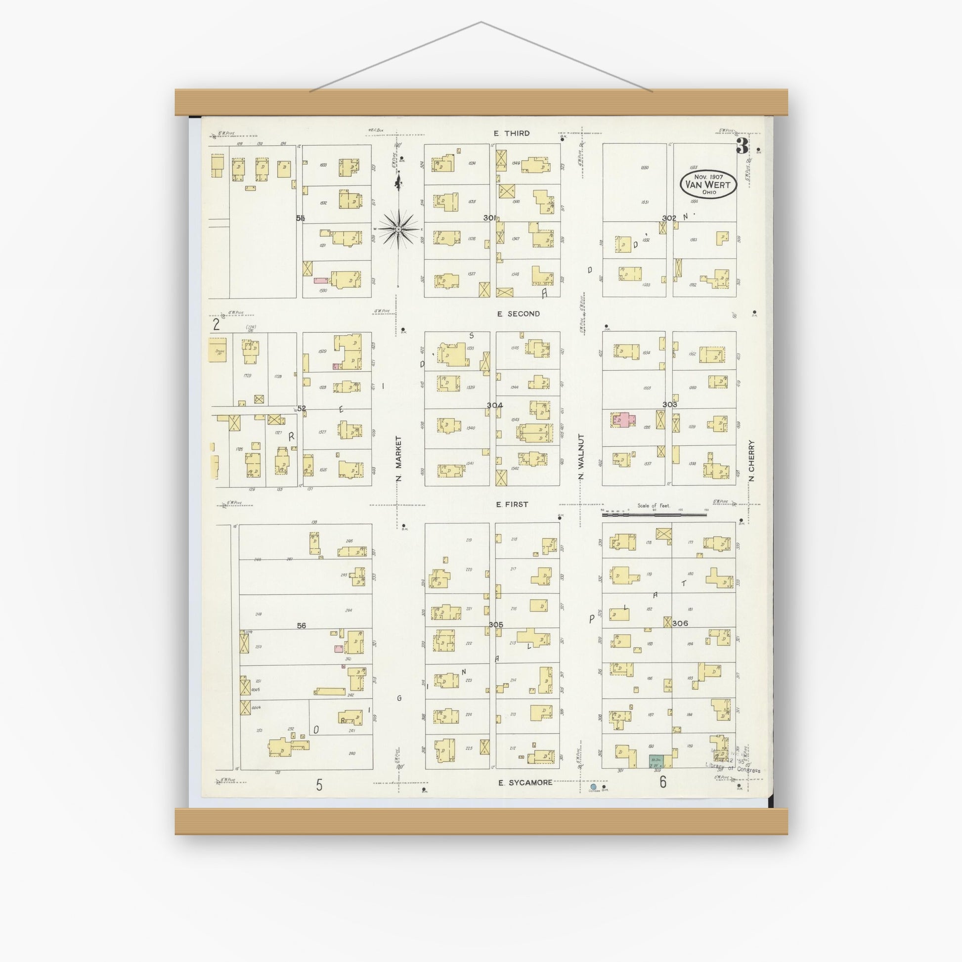 Old map wall art mockup — magnetic wood frame on white wall — Sanborn Fire Insurance Map from Van Wert, Van Wert County, Ohio (1907), Sheet #0003
