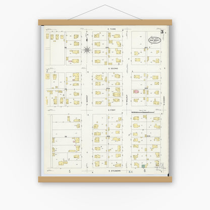 Old map wall art mockup — magnetic wood frame on white wall — Sanborn Fire Insurance Map from Van Wert, Van Wert County, Ohio (1907), Sheet #0003