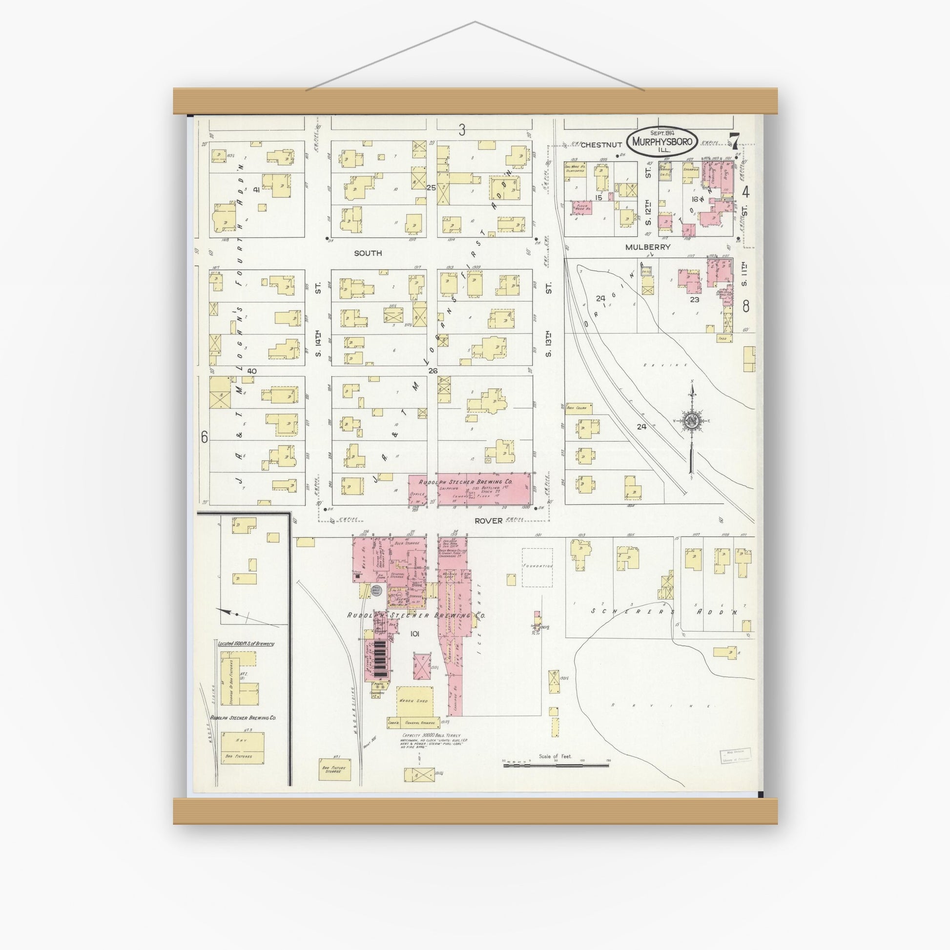 Old map wall art mockup — magnetic wood frame on white wall — Sanborn Fire Insurance Map from Murphysboro, Jackson County, Illinois (1914), Sheet #0007