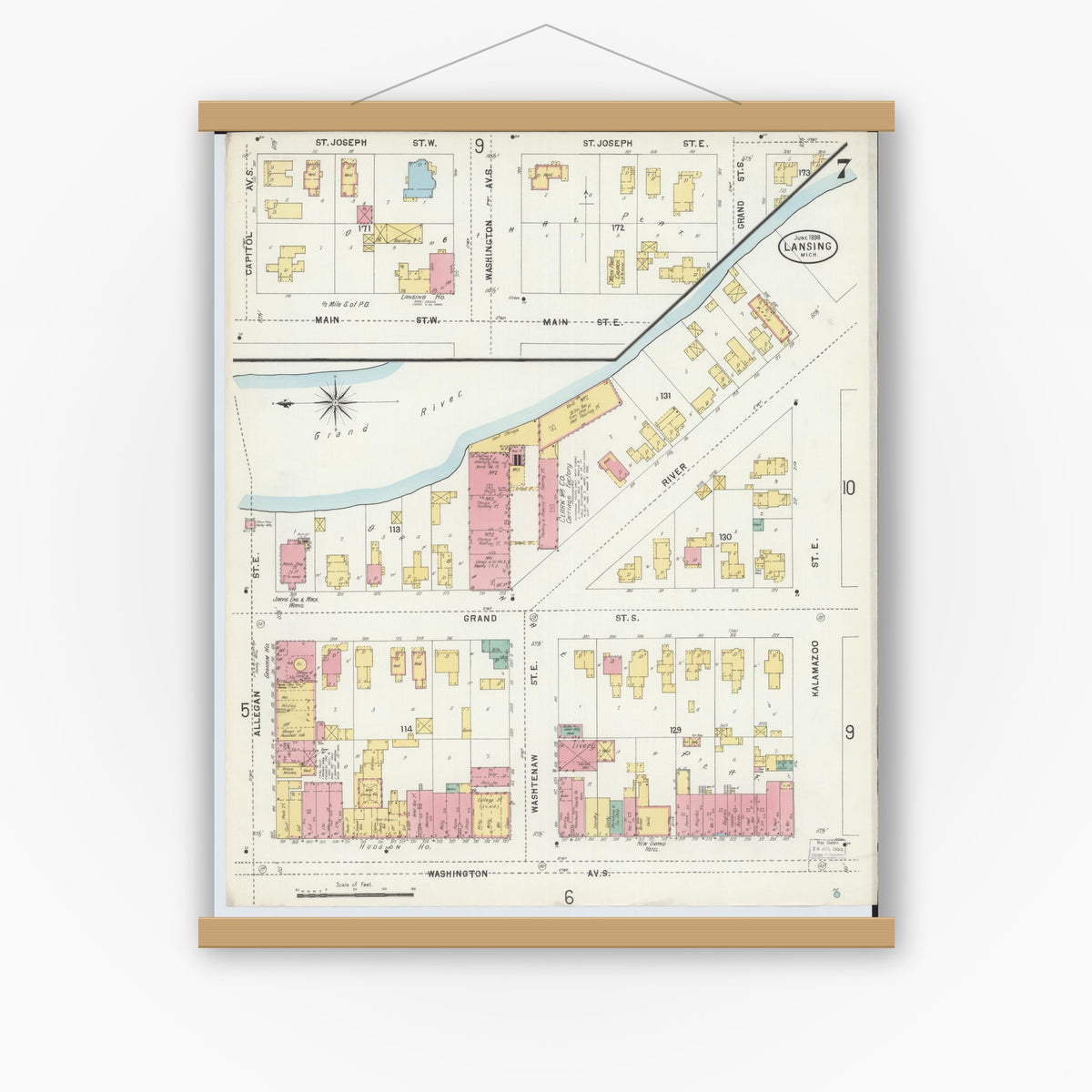 Old map wall art mockup — magnetic wood frame on white wall — Sanborn Fire Insurance Map from Lansing, Ingham County, Michigan (1898), Sheet #0007