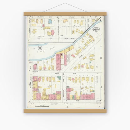 Old map wall art mockup — magnetic wood frame on white wall — Sanborn Fire Insurance Map from Lansing, Ingham County, Michigan (1898), Sheet #0007