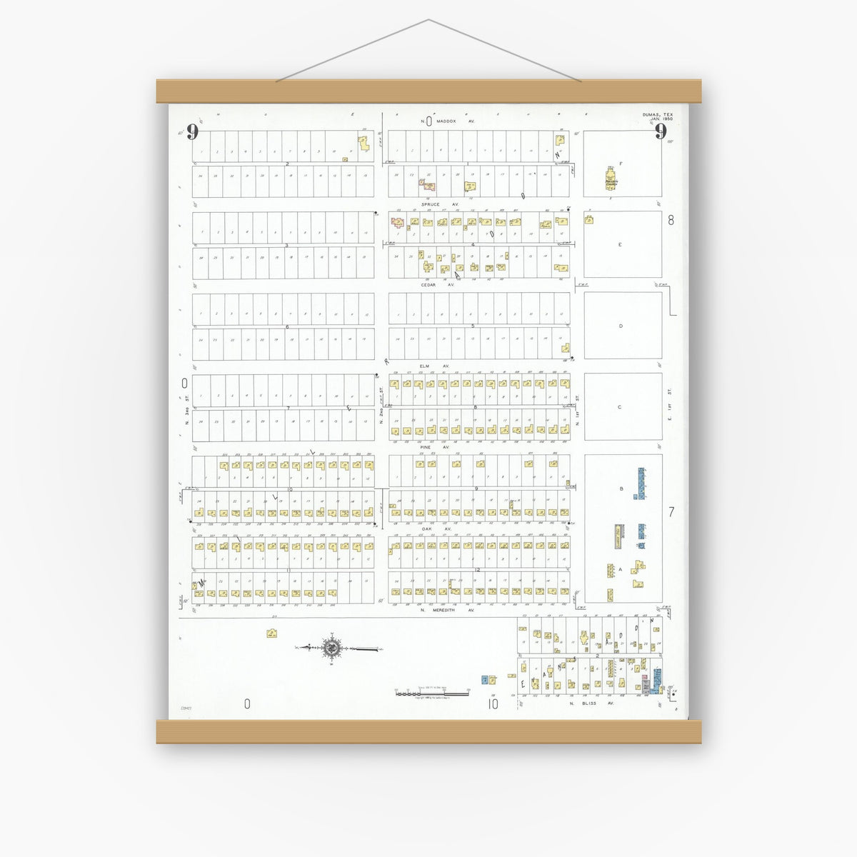 Old map wall art mockup — magnetic wood frame on white wall — Sanborn Fire Insurance Map from Dumas, Moore County, Texas (1950), Sheet #0009