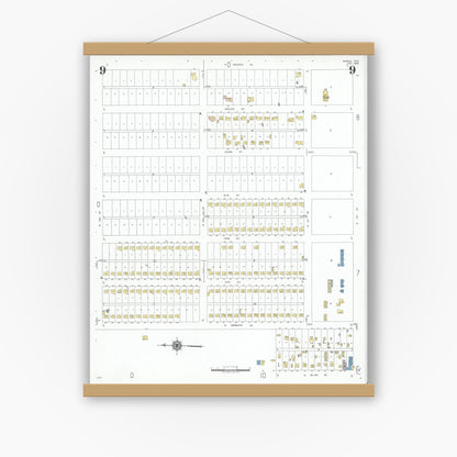 Old map wall art mockup — magnetic wood frame on white wall — Sanborn Fire Insurance Map from Dumas, Moore County, Texas (1950), Sheet #0009