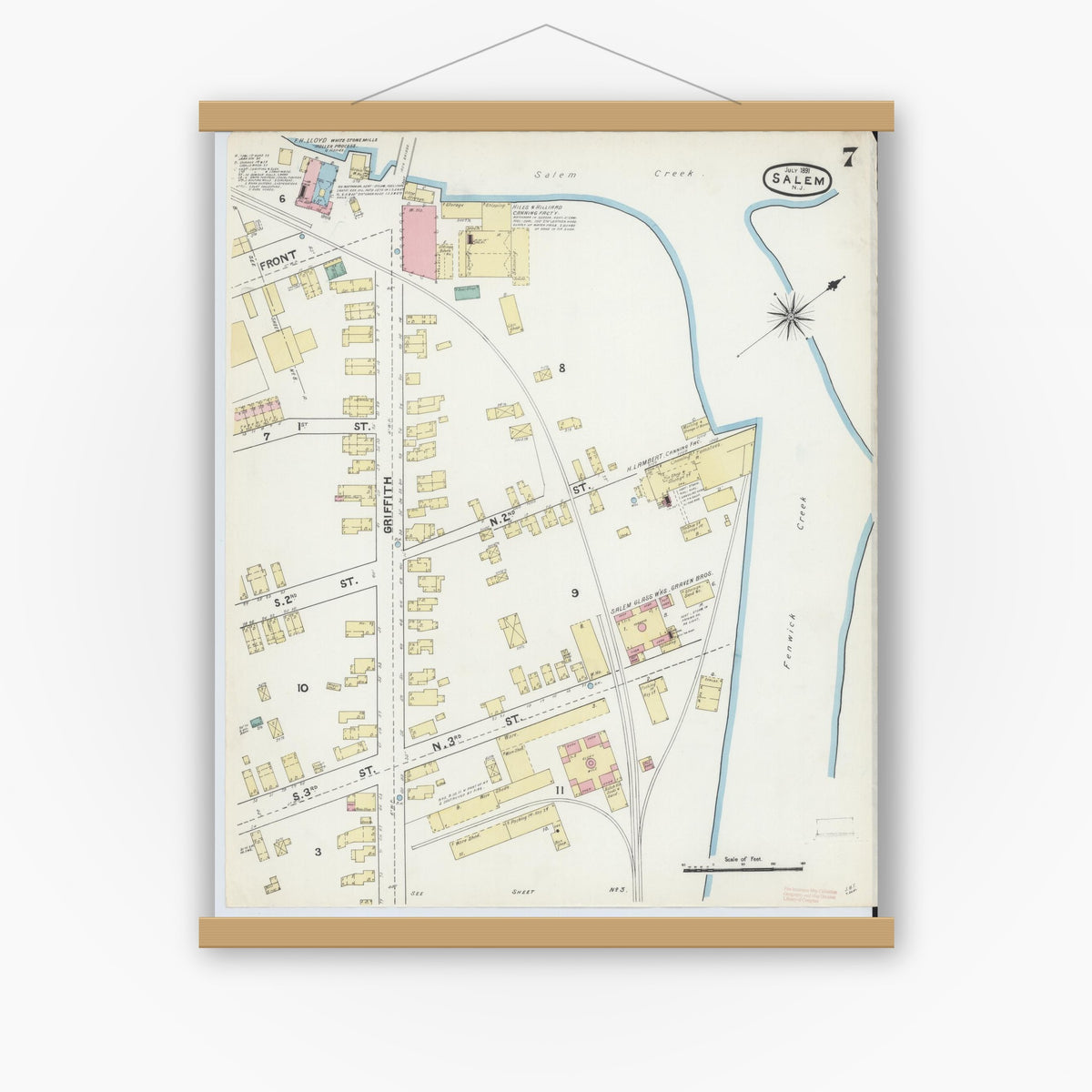 Old map wall art mockup — magnetic wood frame on white wall — Sanborn Fire Insurance Map from Salem, Salem County, New Jersey (1891), Sheet #0007
