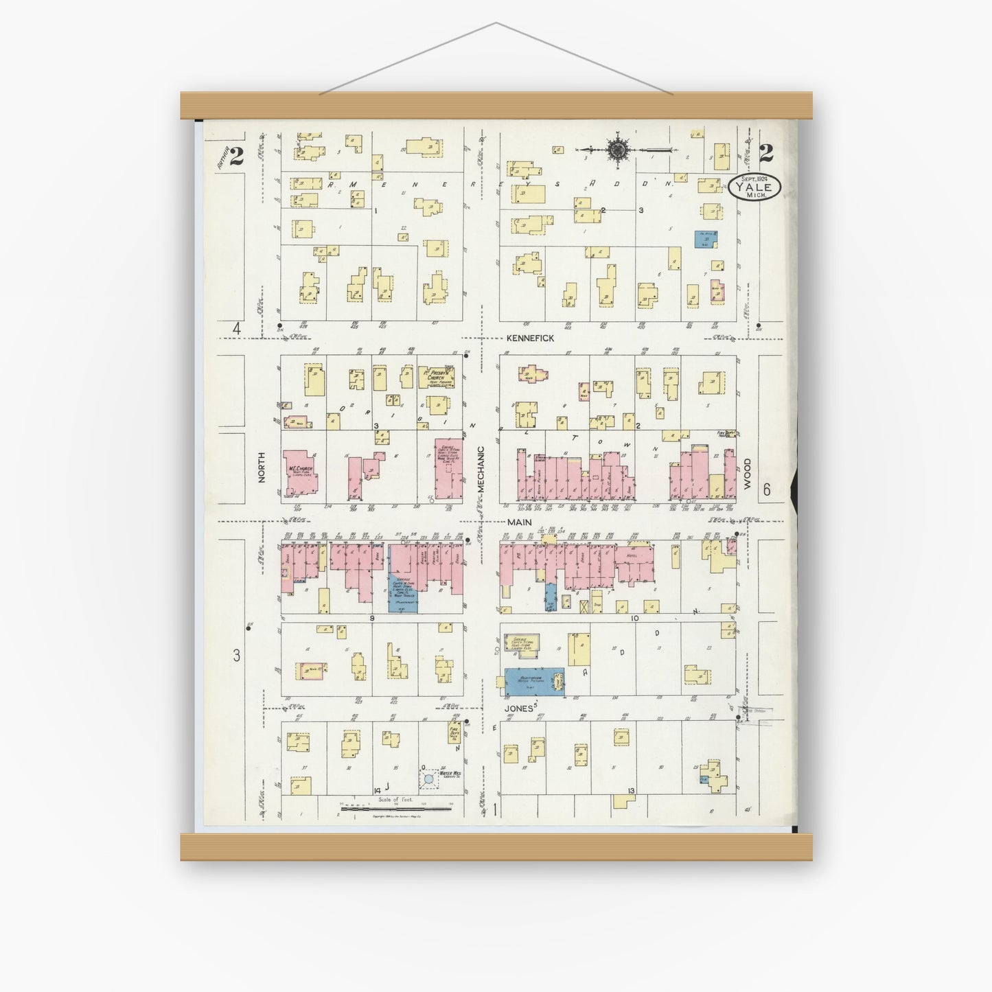 Old map wall art mockup — magnetic wood frame on white wall — Sanborn Fire Insurance Map from Yale, Saint Clair County, Michigan (1924), Sheet #0002