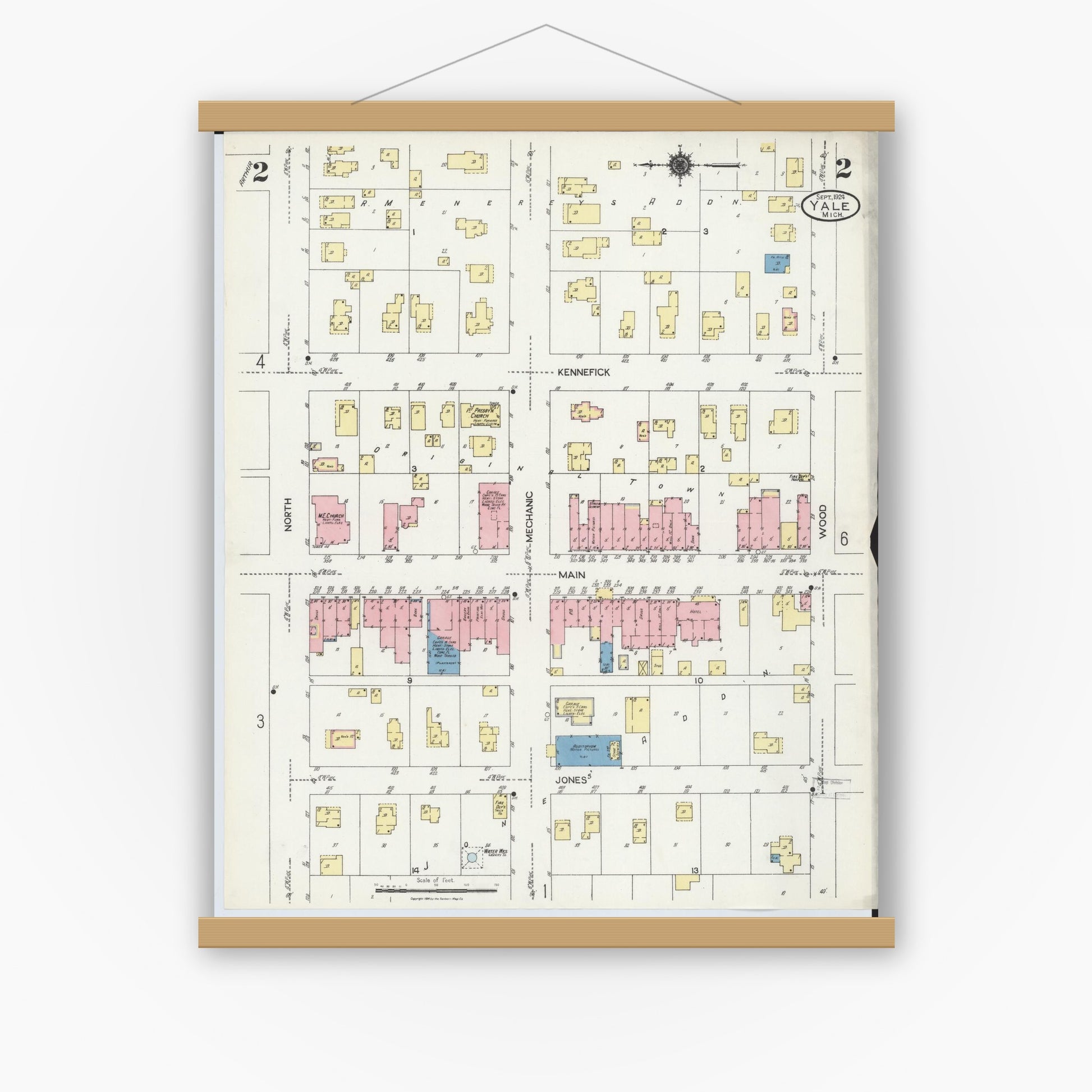 Old map wall art mockup — magnetic wood frame on white wall — Sanborn Fire Insurance Map from Yale, Saint Clair County, Michigan (1924), Sheet #0002
