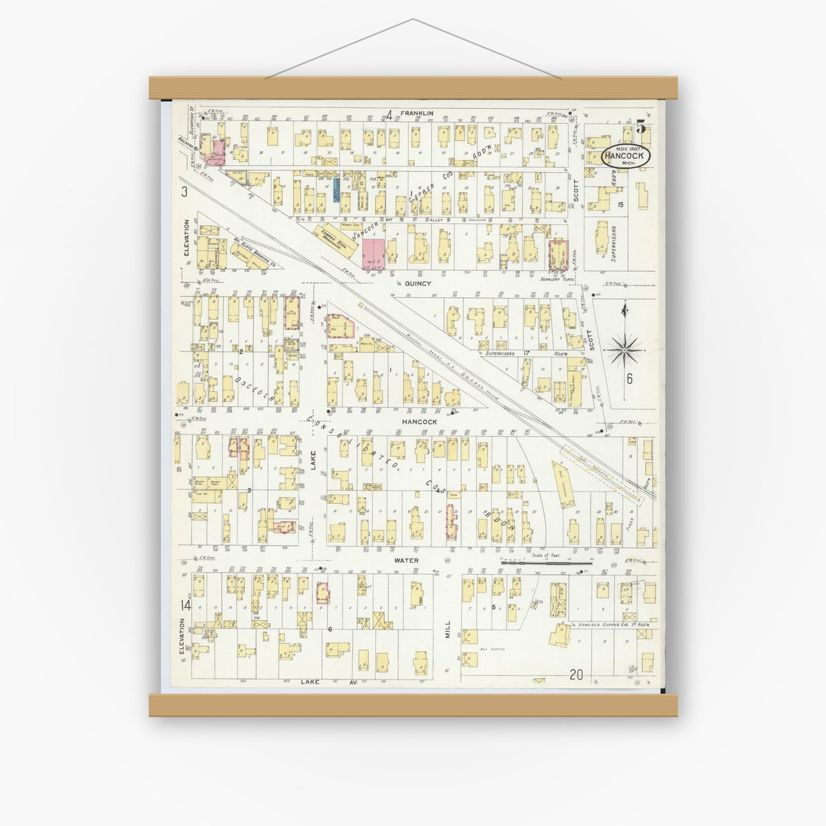 Old map wall art mockup — magnetic wood frame on white wall — Sanborn Fire Insurance Map from Hancock, Houghton County, Michigan (1907), Sheet #0005