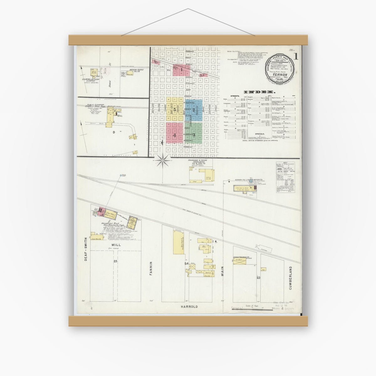 Old map wall art mockup — magnetic wood frame on white wall — Sanborn Fire Insurance Map from Vernon, Wilbarger County, Texas (1896), Sheet #0001