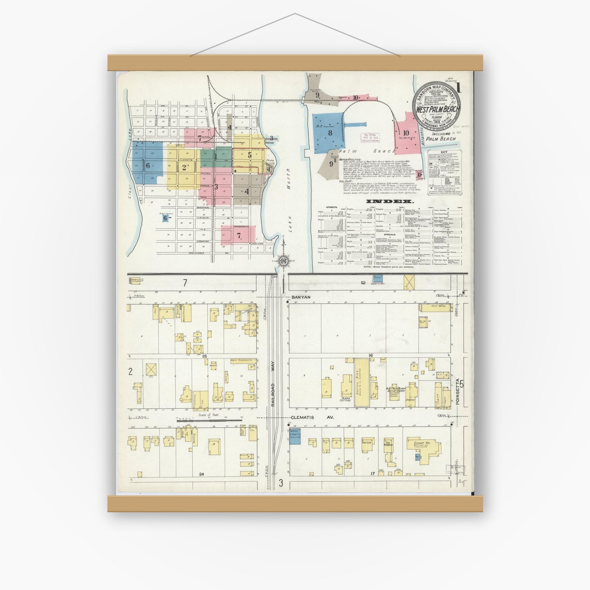 Old map wall art mockup — magnetic wood frame on white wall — Sanborn Fire Insurance Map from West Palm Beach, Dade County, Florida (1912), Sheet #0001