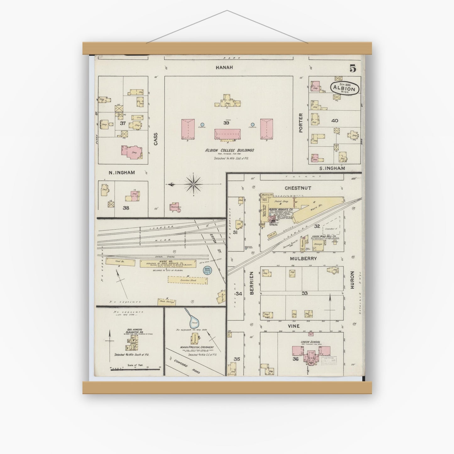 Old map wall art mockup — magnetic wood frame on white wall — Sanborn Fire Insurance Map from Albion, Calhoun County, Michigan (1888), Sheet #0005