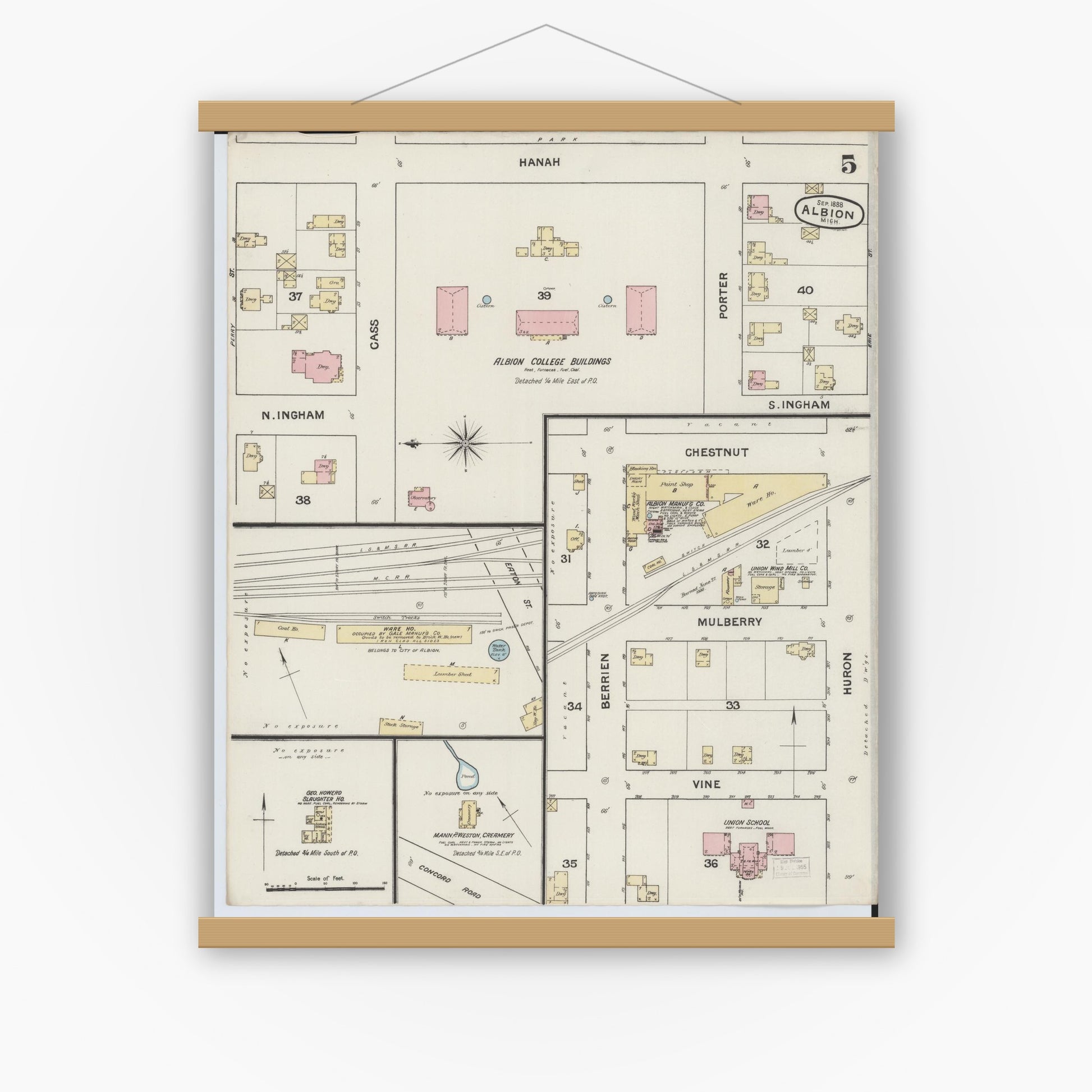 Old map wall art mockup — magnetic wood frame on white wall — Sanborn Fire Insurance Map from Albion, Calhoun County, Michigan (1888), Sheet #0005