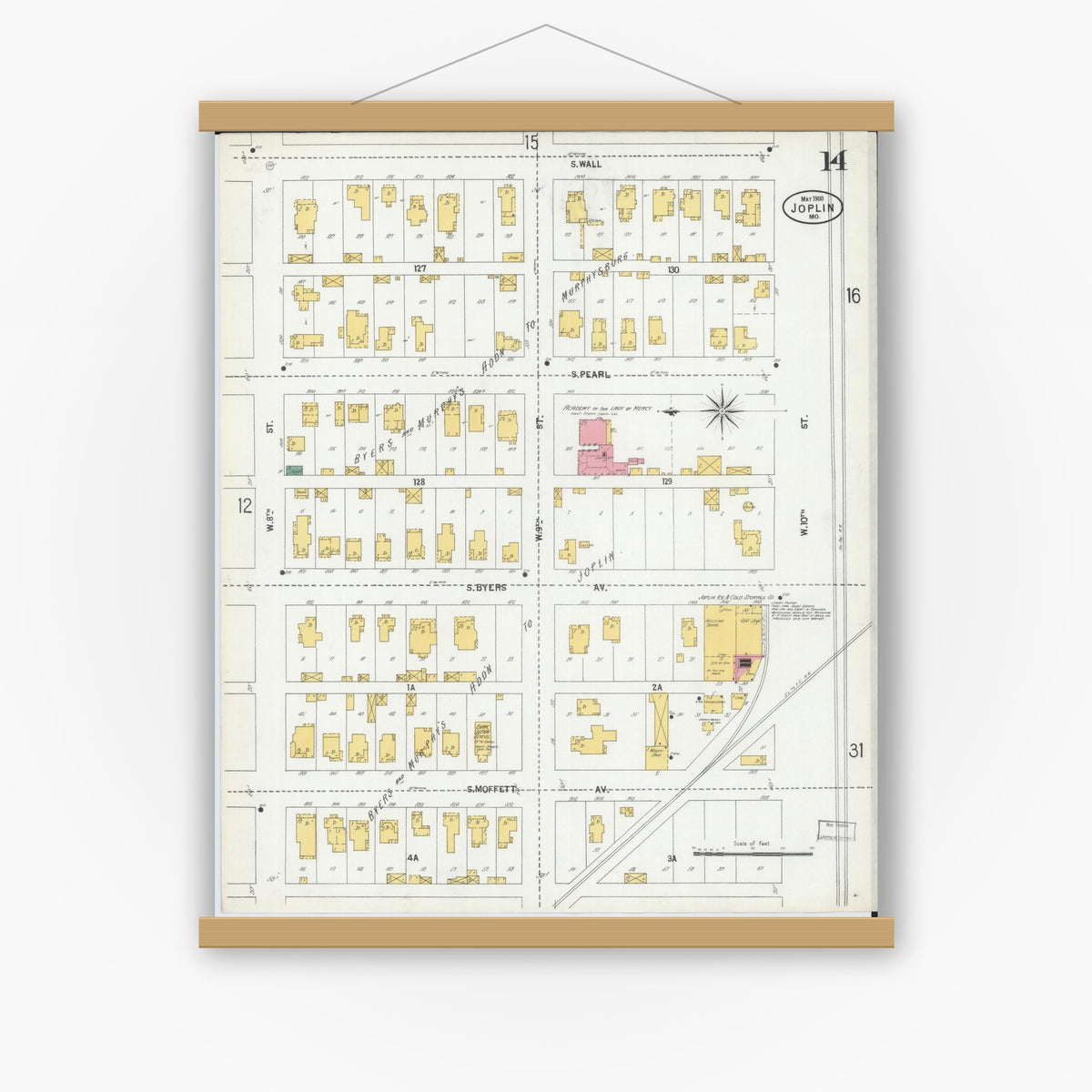 Old map wall art mockup — magnetic wood frame on white wall — Sanborn Fire Insurance Map from Joplin, Jasper County, Missouri (1900), Sheet #0014