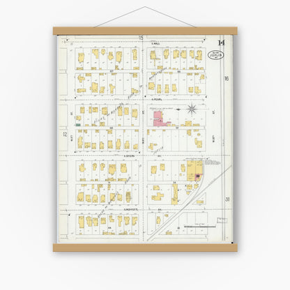 Old map wall art mockup — magnetic wood frame on white wall — Sanborn Fire Insurance Map from Joplin, Jasper County, Missouri (1900), Sheet #0014