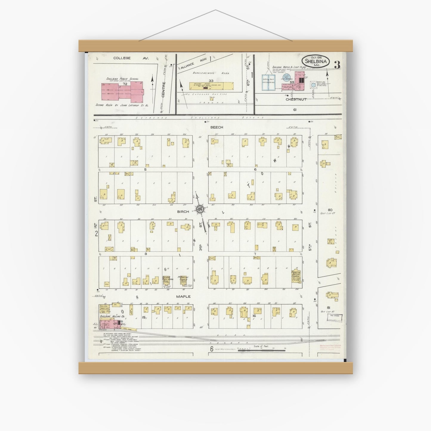 Old map wall art mockup — magnetic wood frame on white wall — Sanborn Fire Insurance Map from Shelbina, Shelby County, Missouri (1916), Sheet #0003