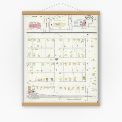 Old map wall art mockup — magnetic wood frame on white wall — Sanborn Fire Insurance Map from Shelbina, Shelby County, Missouri (1916), Sheet #0003