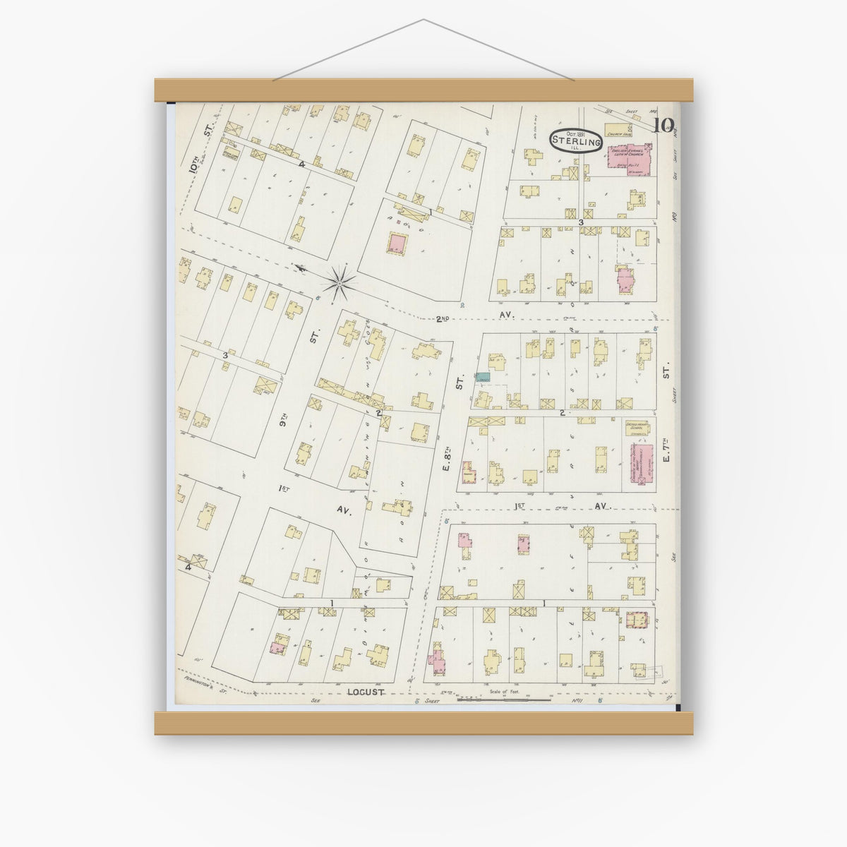 Old map wall art mockup — magnetic wood frame on white wall — Sanborn Fire Insurance Map from Sterling, Whiteside County, Illinois (1891), Sheet #0010