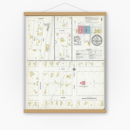 Old map wall art mockup — magnetic wood frame on white wall — Sanborn Fire Insurance Map from Plymouth, Hancock County, Illinois (1912) - Complete Map Set