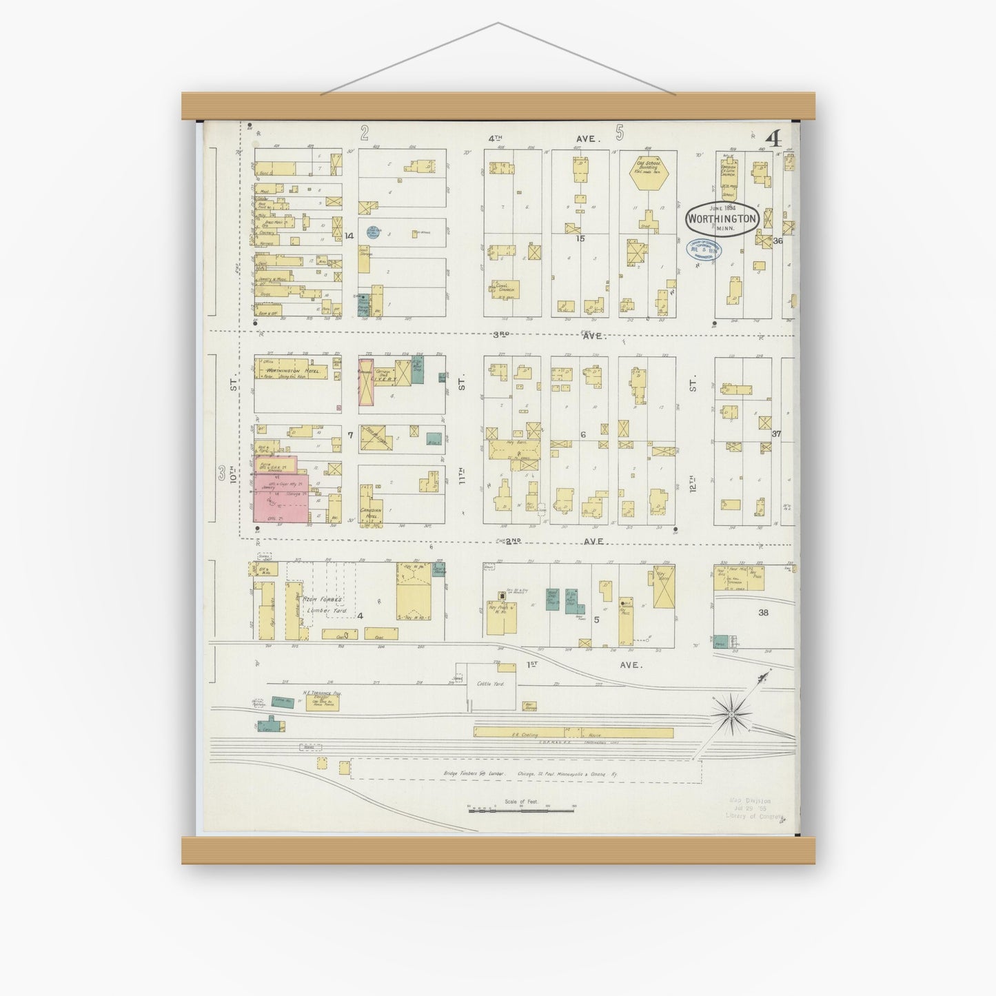 Old map wall art mockup — magnetic wood frame on white wall — Sanborn Fire Insurance Map from Worthington, Nobles County, Minnesota (1894), Sheet #0004