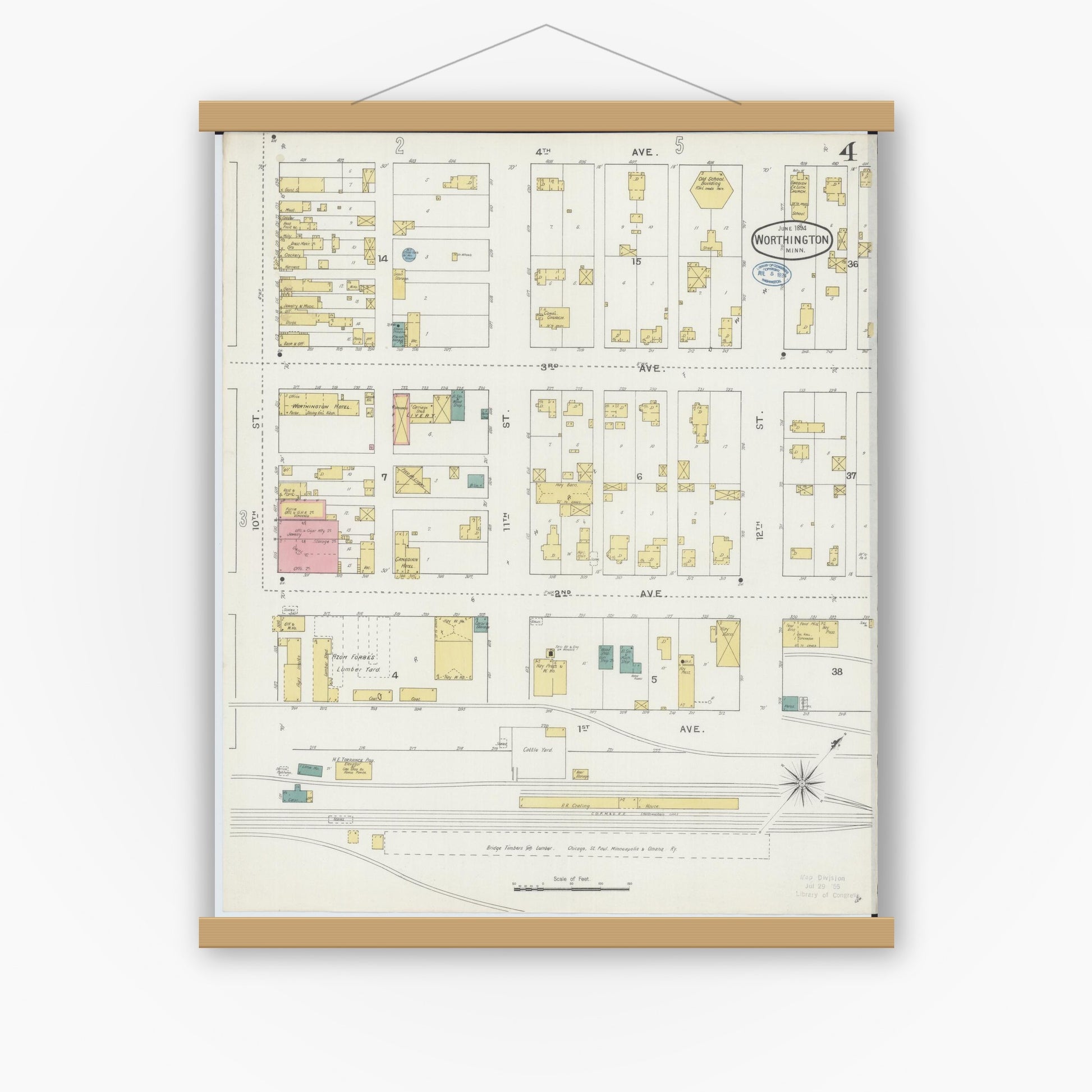 Old map wall art mockup — magnetic wood frame on white wall — Sanborn Fire Insurance Map from Worthington, Nobles County, Minnesota (1894), Sheet #0004
