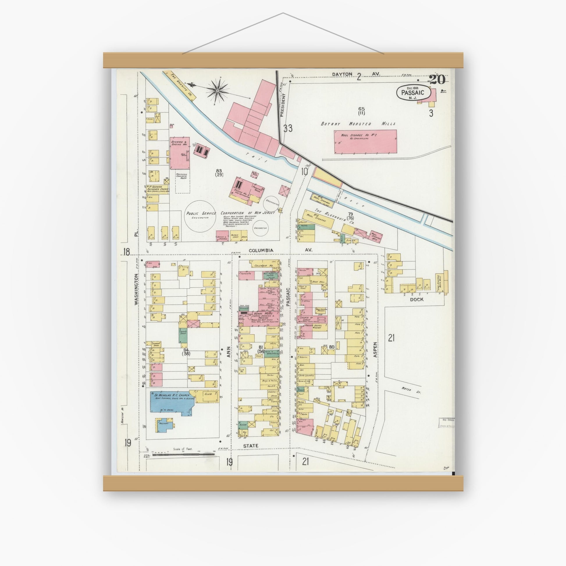 Old map wall art mockup — magnetic wood frame on white wall — Sanborn Fire Insurance Map from Passaic, Passaic County, New Jersey (1903), Sheet #0020