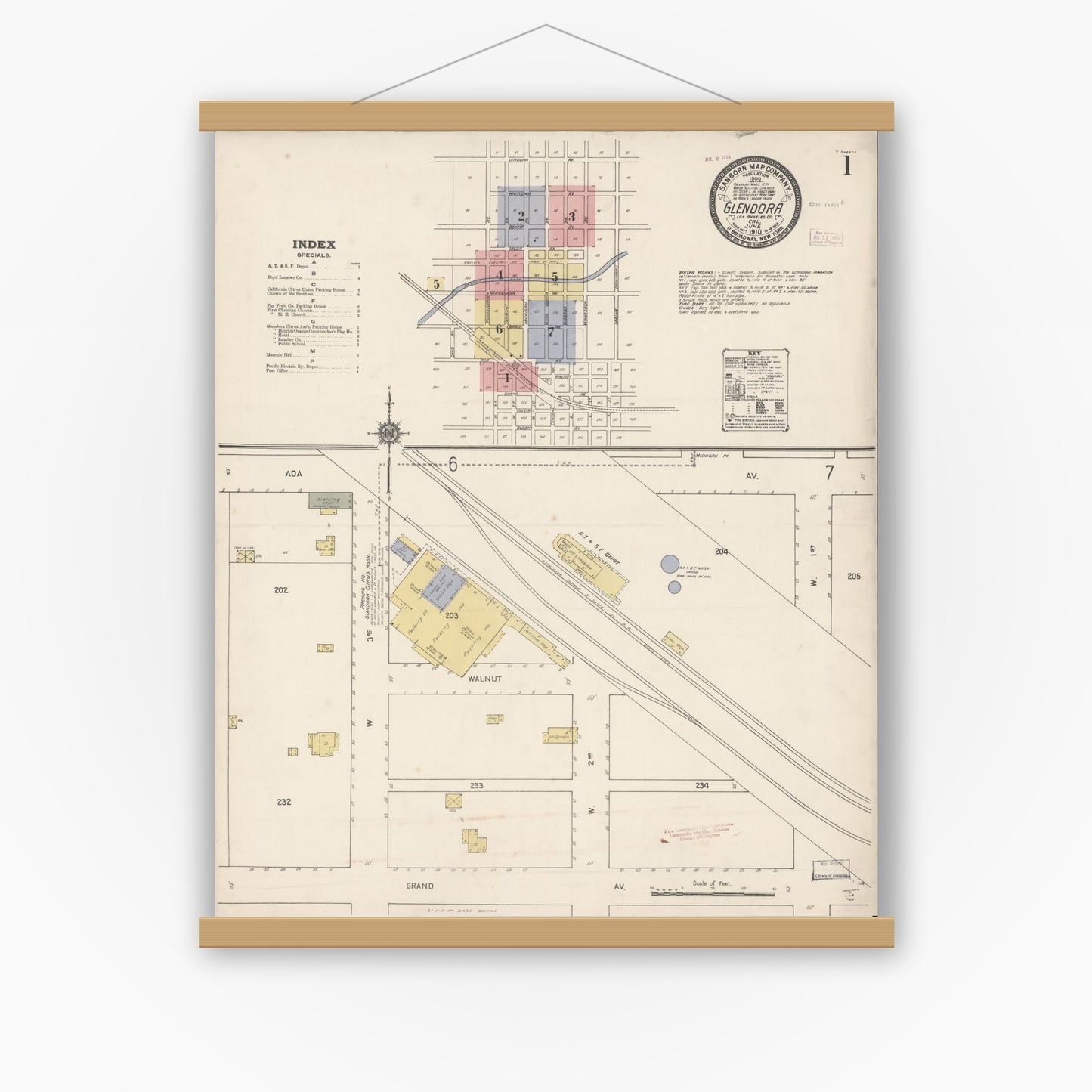 Old map wall art mockup — magnetic wood frame on white wall — Sanborn Fire Insurance Map from Glendora, Los Angeles County, California (1910) - Complete Map Set
