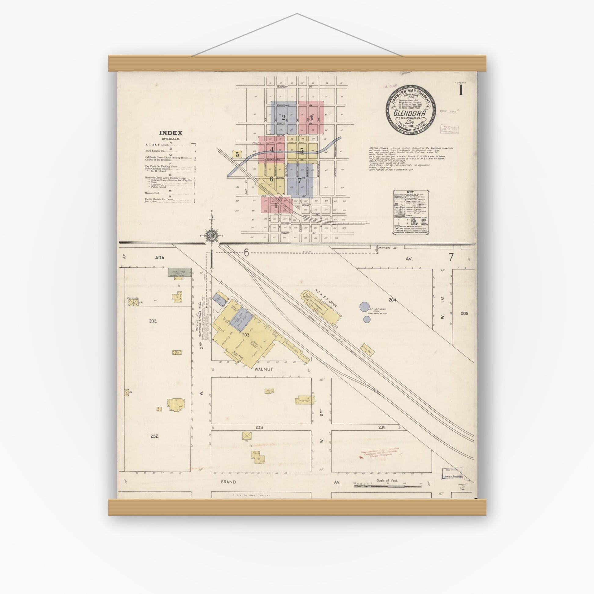 Old map wall art mockup — magnetic wood frame on white wall — Sanborn Fire Insurance Map from Glendora, Los Angeles County, California (1910) - Complete Map Set
