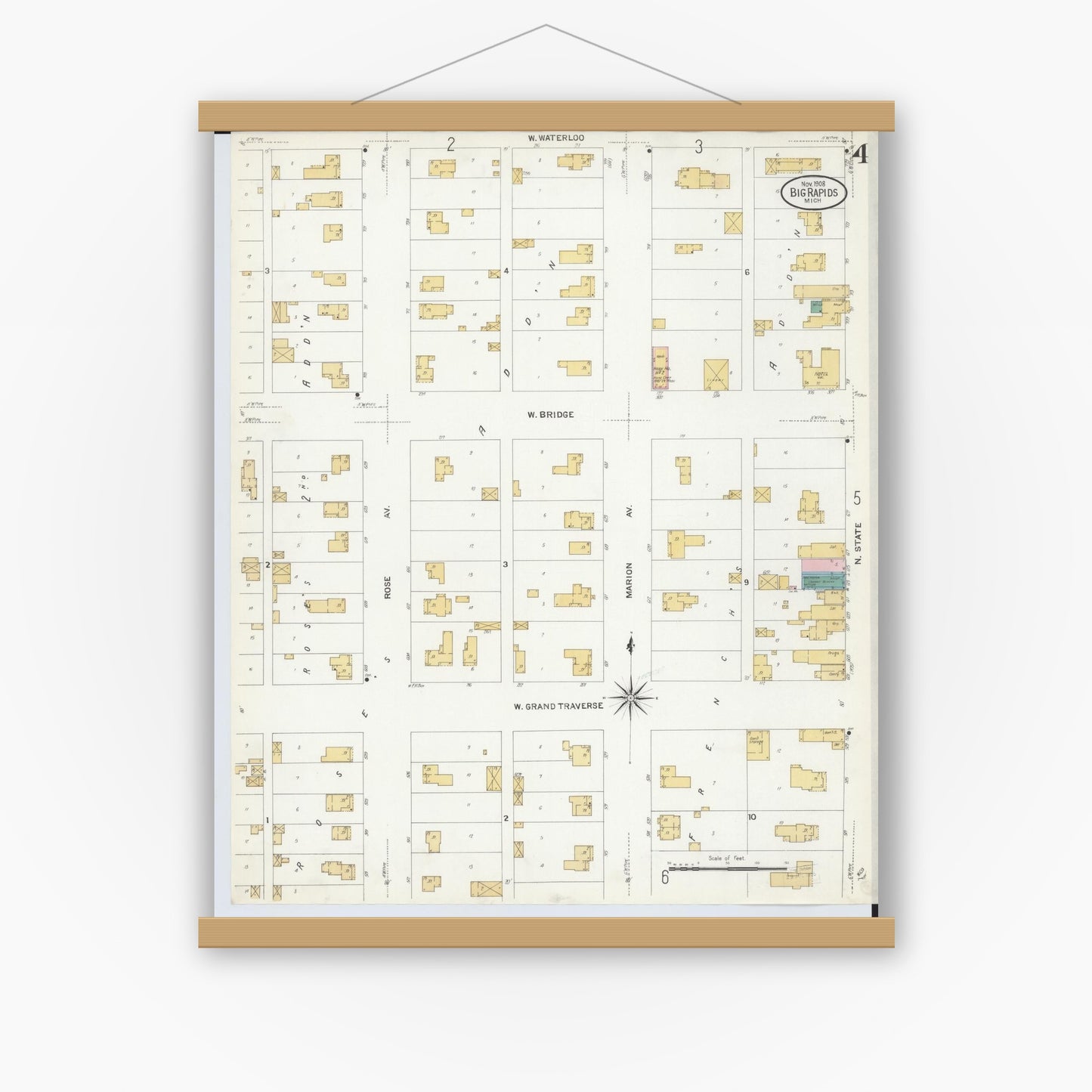 Old map wall art mockup — magnetic wood frame on white wall — Sanborn Fire Insurance Map from Big Rapids, Mecosta County, Michigan (1908), Sheet #0004