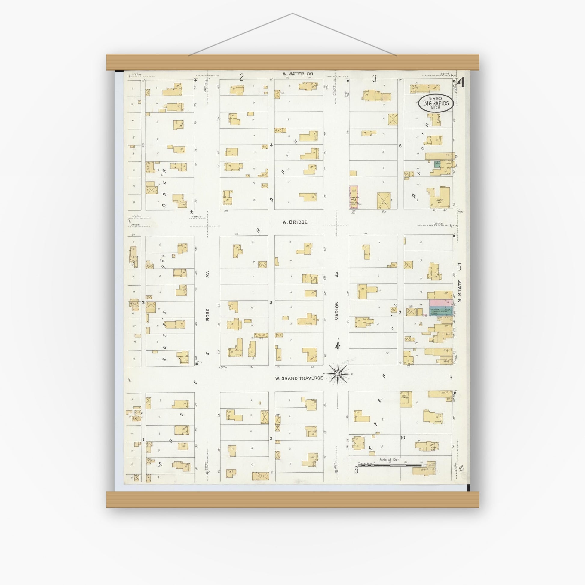 Old map wall art mockup — magnetic wood frame on white wall — Sanborn Fire Insurance Map from Big Rapids, Mecosta County, Michigan (1908), Sheet #0004