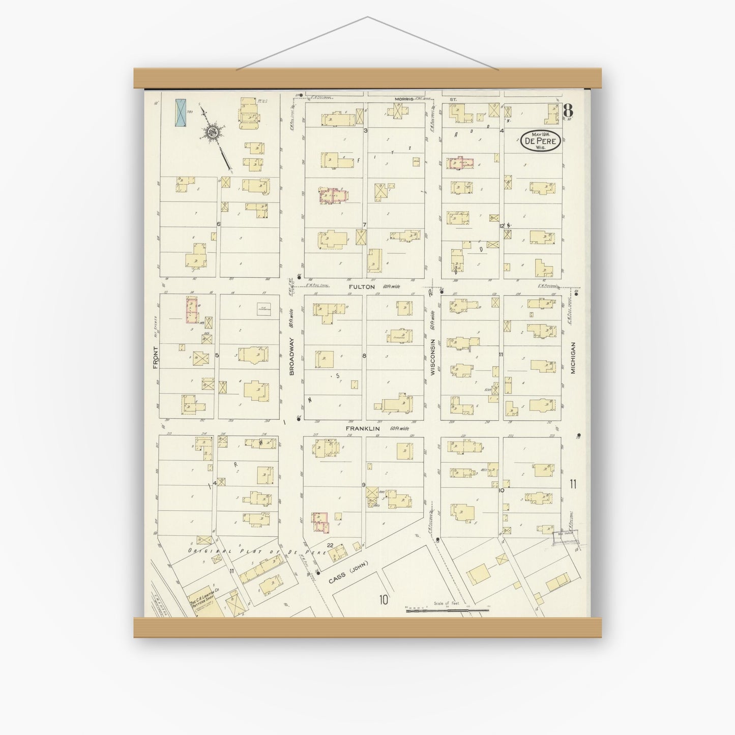 Old map wall art mockup — magnetic wood frame on white wall — Sanborn Fire Insurance Map from De Pere, Brown County, Wisconsin (1914), Sheet #0008