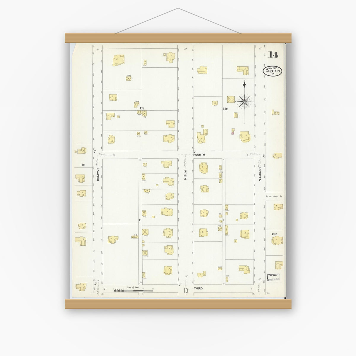 Old map wall art mockup — magnetic wood frame on white wall — Sanborn Fire Insurance Map from Denton, Denton County, Texas (1907), Sheet #0014