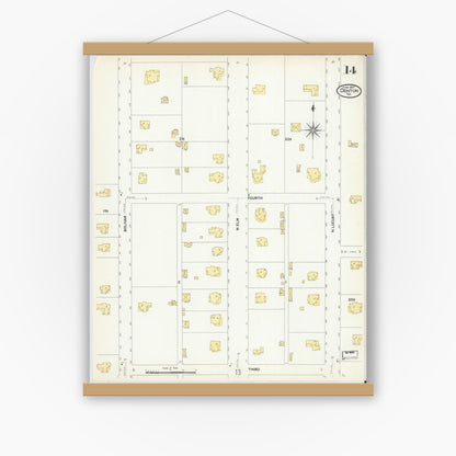 Old map wall art mockup — magnetic wood frame on white wall — Sanborn Fire Insurance Map from Denton, Denton County, Texas (1907), Sheet #0014