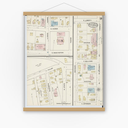 Old map wall art mockup — magnetic wood frame on white wall — Sanborn Fire Insurance Map from Ann Arbor, Washtenaw County, Michigan (1888), Sheet #0009