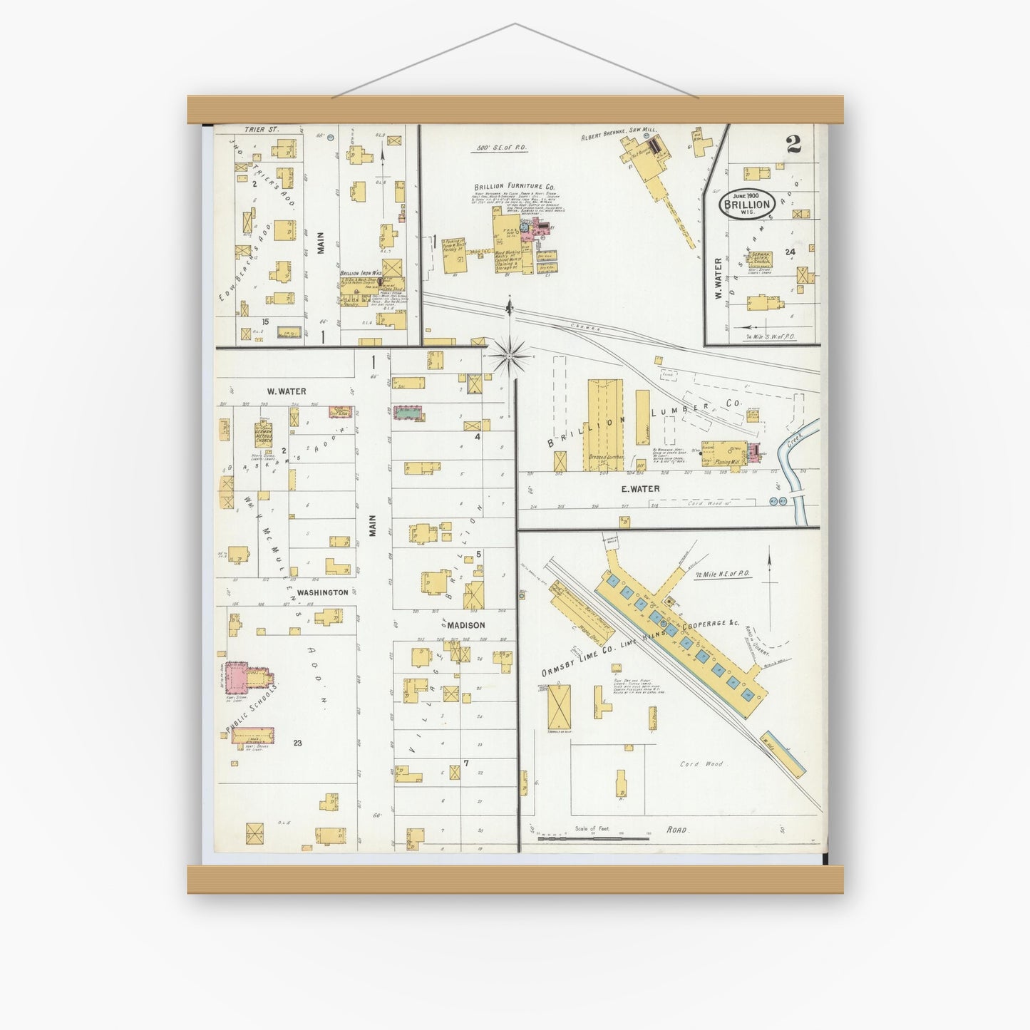 Old map wall art mockup — magnetic wood frame on white wall — Sanborn Fire Insurance Map from Brillion, Calumet County, Wisconsin (1900), Sheet #0002