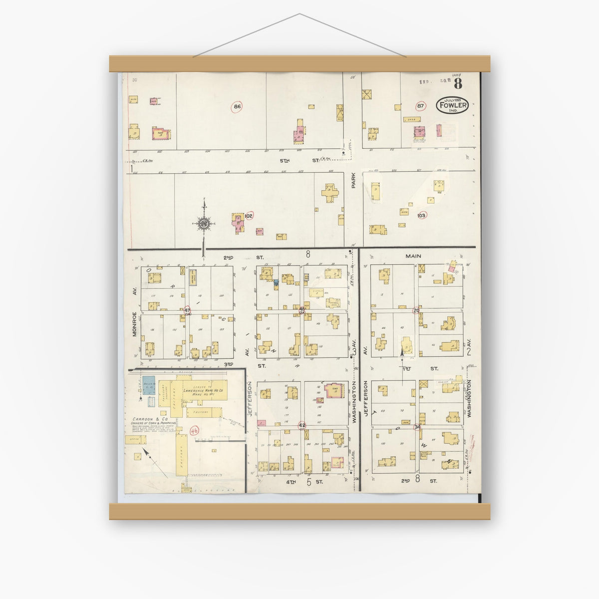 Old map wall art mockup — magnetic wood frame on white wall — Sanborn Fire Insurance Map from Fowler, Benton County, Indiana (1932), Sheet #0008
