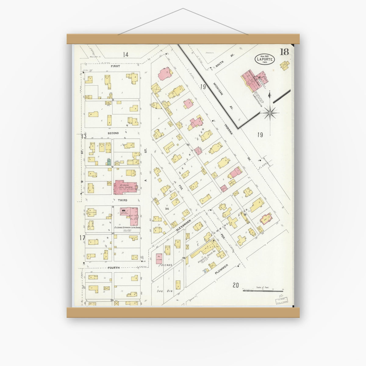 Old map wall art mockup — magnetic wood frame on white wall — Sanborn Fire Insurance Map from La Porte, La Porte County, Indiana (1907), Sheet #0018