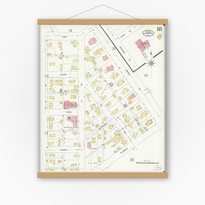 Old map wall art mockup — magnetic wood frame on white wall — Sanborn Fire Insurance Map from La Porte, La Porte County, Indiana (1907), Sheet #0018