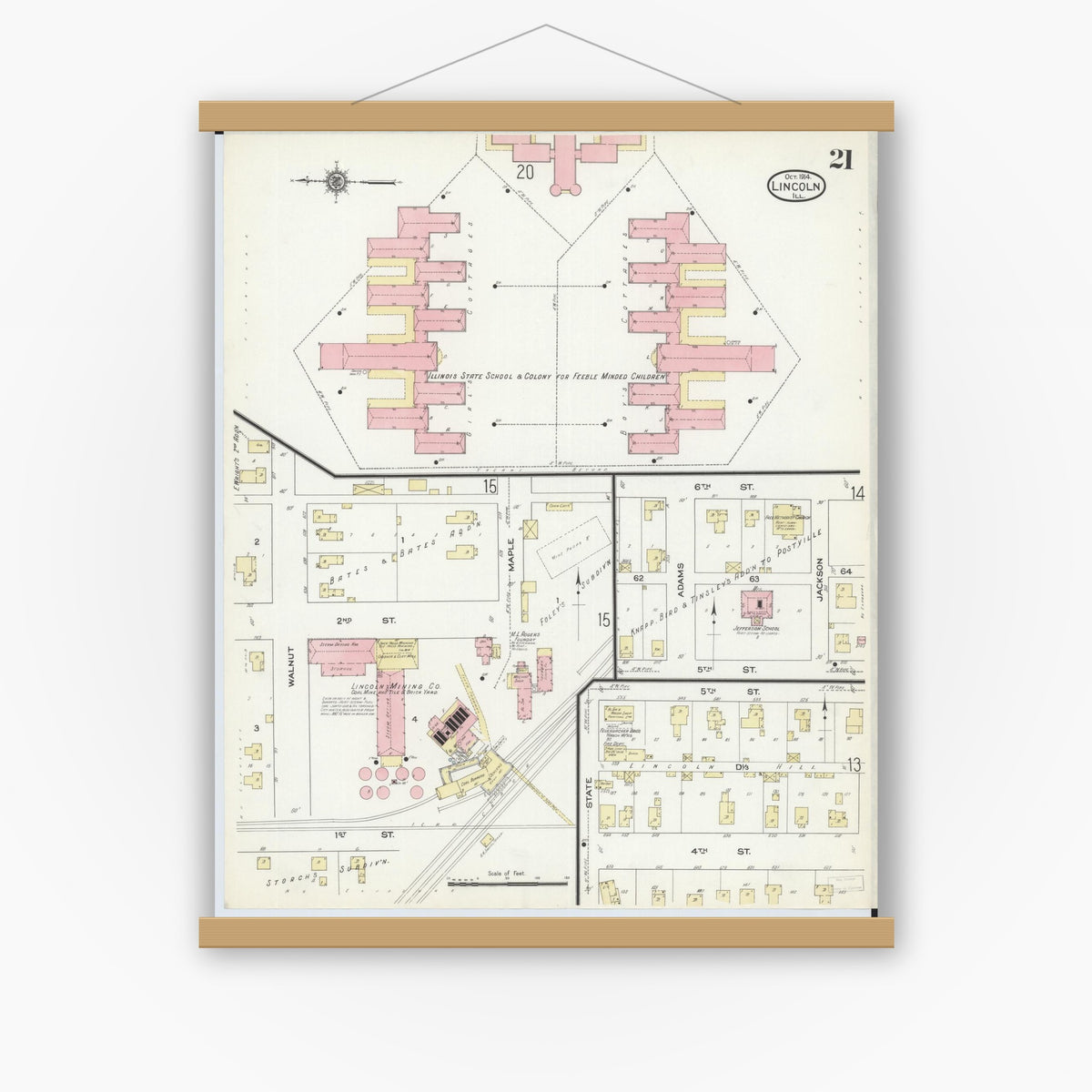 Old map wall art mockup — magnetic wood frame on white wall — Sanborn Fire Insurance Map from Lincoln, Logan County, Illinois (1914), Sheet #0021