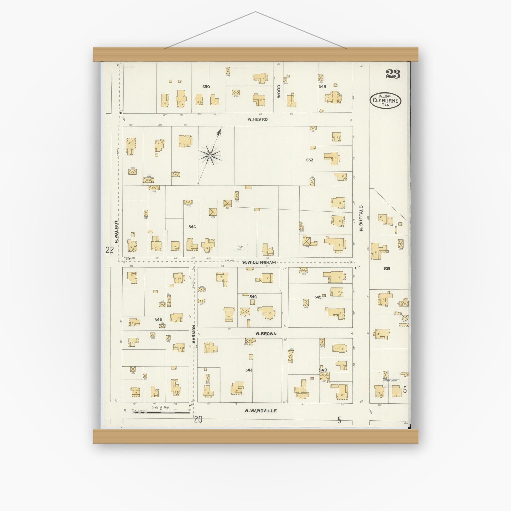 Old map wall art mockup — magnetic wood frame on white wall — Sanborn Fire Insurance Map from Cleburne, Johnson County, Texas (1904), Sheet #0023