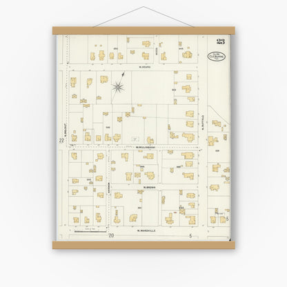 Old map wall art mockup — magnetic wood frame on white wall — Sanborn Fire Insurance Map from Cleburne, Johnson County, Texas (1904), Sheet #0023