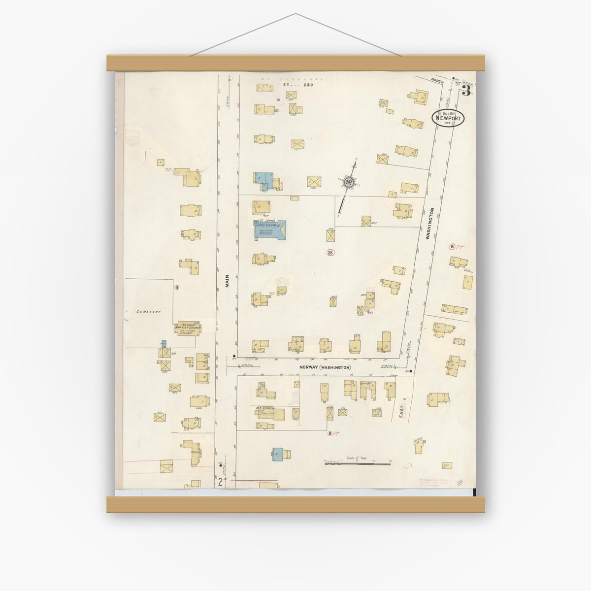 Old map wall art mockup — magnetic wood frame on white wall — Sanborn Fire Insurance Map from Newport, Herkimer County, New York (1938), Sheet #0003