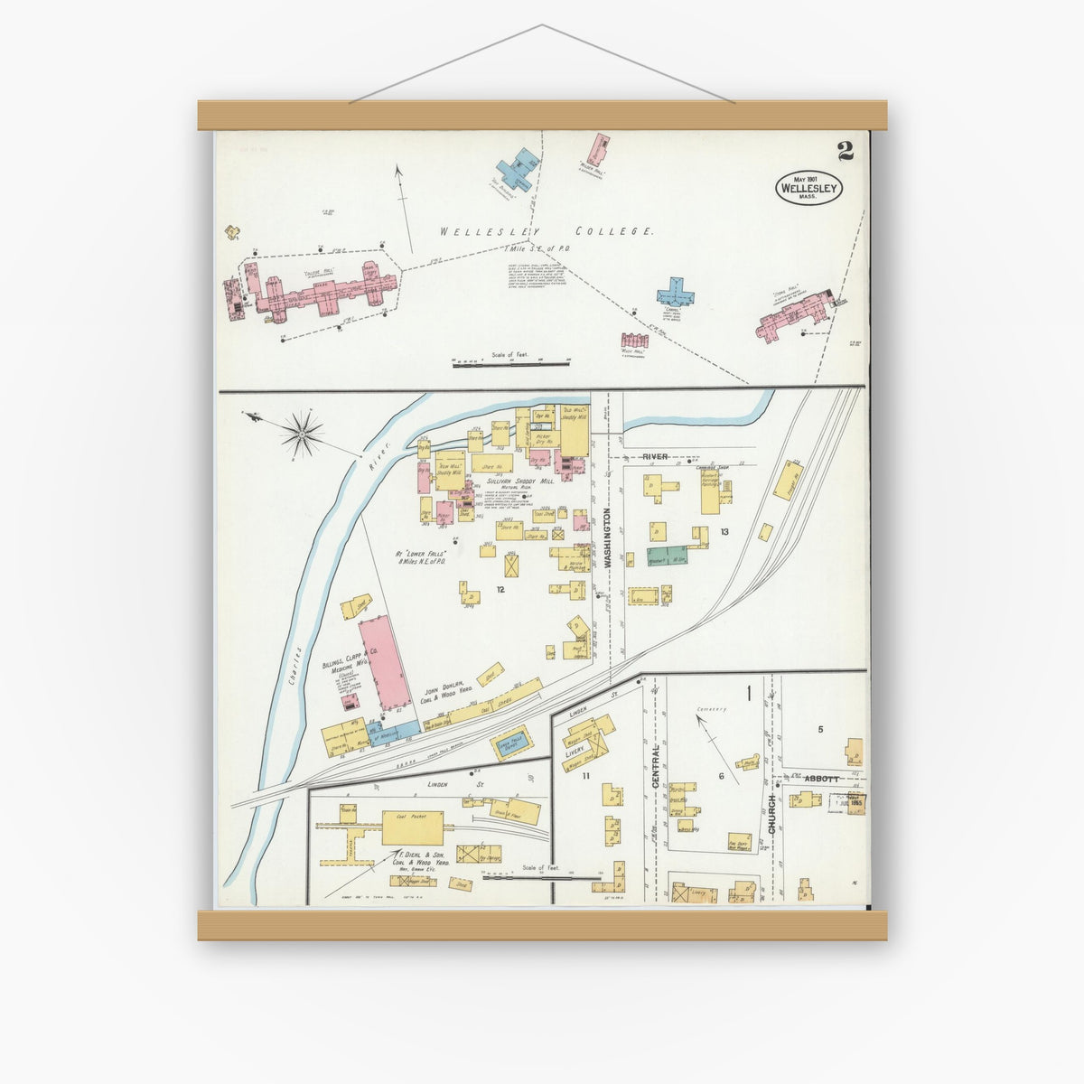 Old map wall art mockup — magnetic wood frame on white wall — Sanborn Fire Insurance Map from Wellesley, Norfolk County, Massachusetts (1901), Sheet #0002