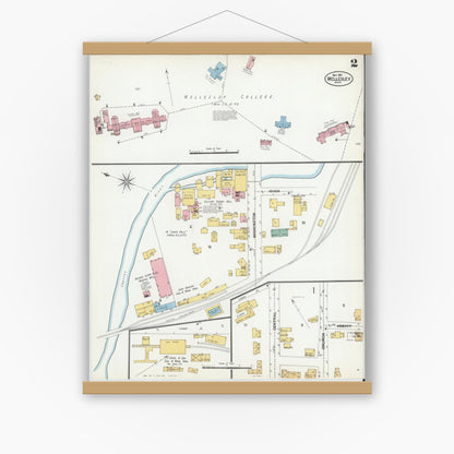 Old map wall art mockup — magnetic wood frame on white wall — Sanborn Fire Insurance Map from Wellesley, Norfolk County, Massachusetts (1901), Sheet #0002