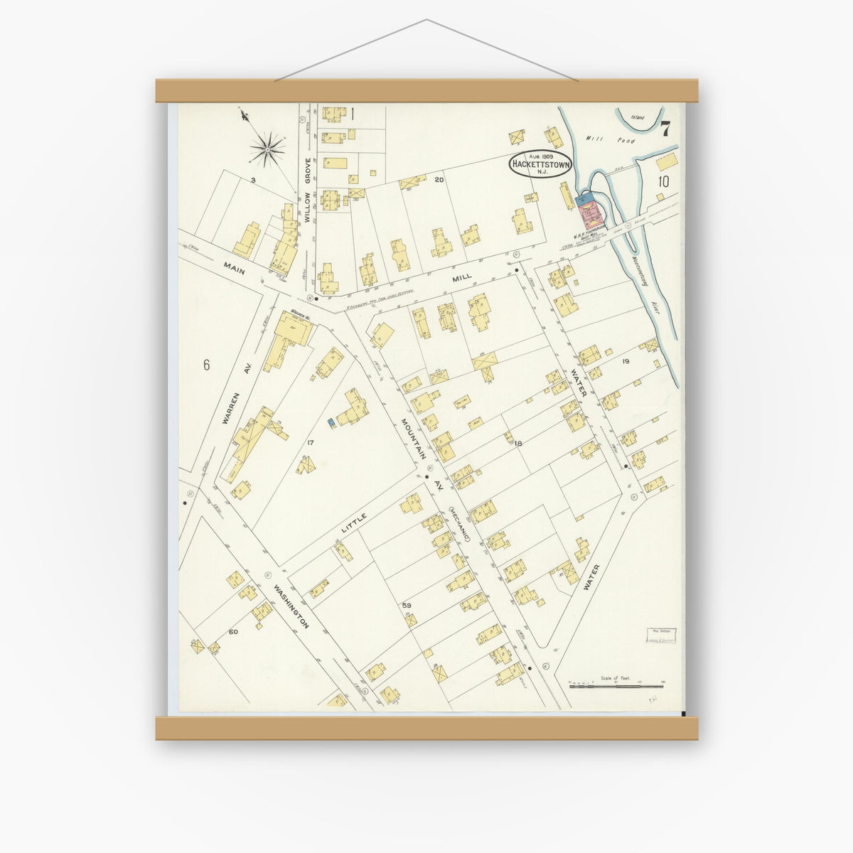 Old map wall art mockup — magnetic wood frame on white wall — Sanborn Fire Insurance Map from Hackettstown, Warren County, New Jersey (1909), Sheet #0007